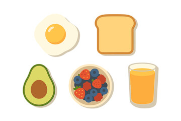 Healthy breakfast food icons featuring egg avocado toast berries and fresh juice