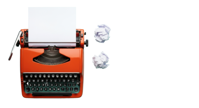 Deep orange vintage manual typewriter with black keys, blank paper, and crumpled papers on a light teal background, overhead flat lay shot, concept of creative challenges and inspiration