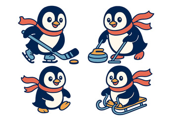 Four cute cartoon penguins playing different winter sports with scarves