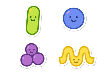 Four colorful abstract shapes with happy smiley faces as stickers