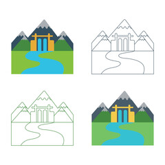 Four stylized illustrations of a serene mountain landscape with a traditional japanese torii gate and flowing river