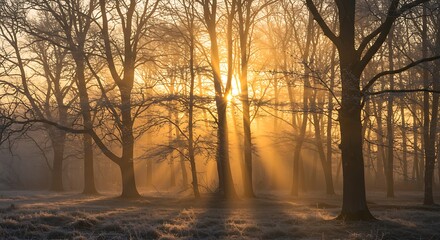 Golden sunbeams pierce through a misty winter forest, illuminating bare trees and frosty ground.