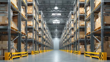 A modern warehouse with high shelves storing numerous boxes and empty aisles for efficient movement. Delivery and storage concept - Powered by Adobe