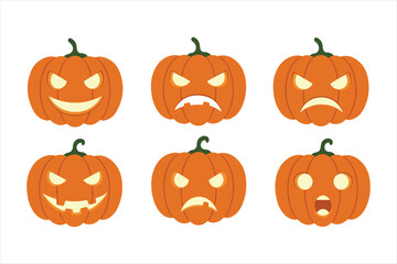 Set of six spooky halloween jack o lantern carved pumpkins with various expressive faces