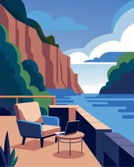Fototapeta premium A terrace with a comfortable seating area perfect for video conference calls with a stunning cliffside backdrop.. Vector illustration