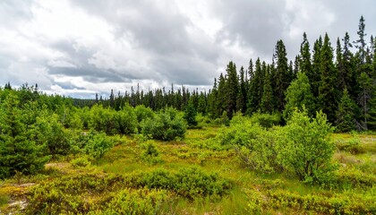 Obraz premium Boreal forest with dense black spruce and Labrador tea plants in a peatland under overcast summer sky