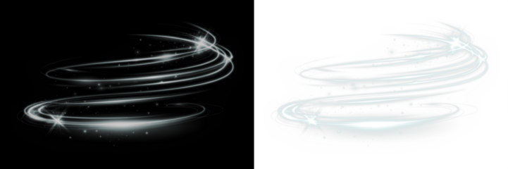 Abstract swirl design with sparkling effects on black and white backgrounds, showcasing dynamic movement and elegance, perfect for creative projects and visual storytelling