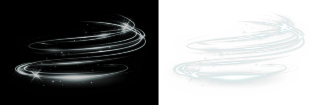 Abstract swirl design with sparkling effects on black and white backgrounds, showcasing dynamic movement and elegance, perfect for creative projects and visual storytelling