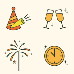Colorful New Year Eve vector collection with line art icons of celebration accessories and holiday decorations