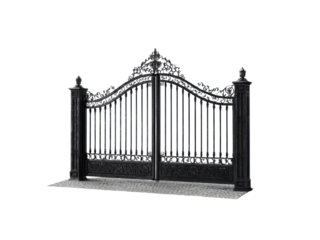 Ornate black metal gates with decorative finials and cobblestone path image, Isolated, Png Transparent Background
