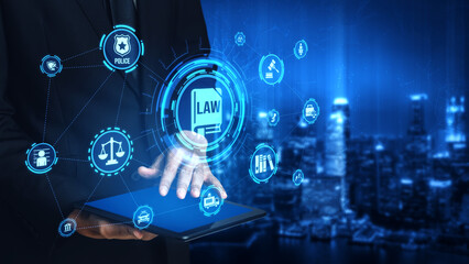 Law icons illustrate justice, court, and regulation system. Law represents fairness, law supports...