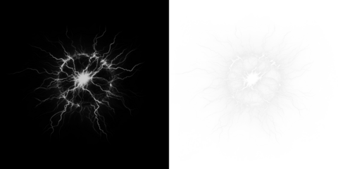 Electric energy burst overlay with intricate lightning patterns on contrasting black and white backgrounds, ideal for creative projects and visual effects applications