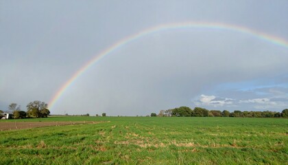 Bright rainbow arching across green field after rain showing hope and renewal