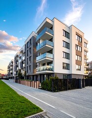Obraz premium New modern block of flat, condo architecture. Residential apartment flat, luxury house complex. City real estate property