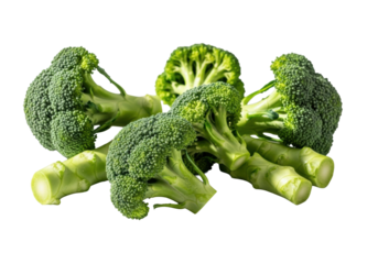 Dewy vibrant emerald green broccoli florets and crisp stalks, artfully arranged on an immaculate white studio background with soft natural light. Concept of healthy eating