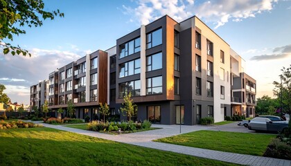 Obraz premium New modern block of flat, condo architecture. Residential apartment flat, luxury house complex. City real estate property