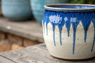 Handmade ceramic pot with blue glaze drips on a wooden surface