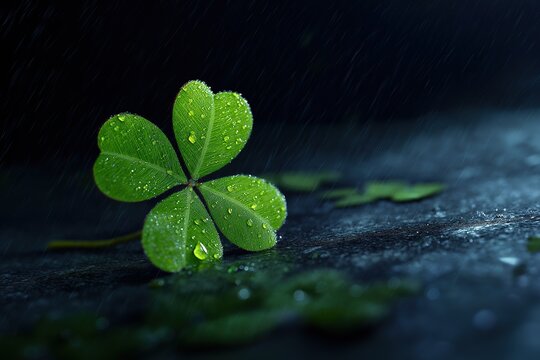 Green shamrock with water droplets isolated on dark background, a four-leaf clover for St. Patrick's Day celebration, symbolizing luck and Irish cultural tradition.