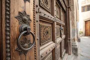 Closeup of an ornate wooden door with a metal handle in florence, italy