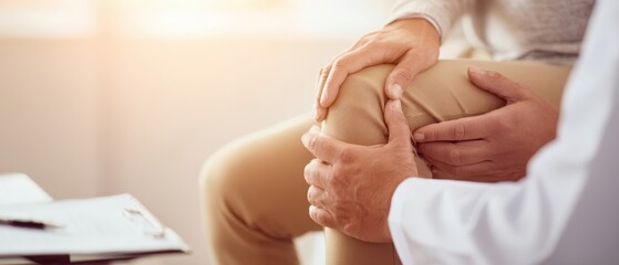 The knee examination showing doctor comforting patient during consultation in bright clinic