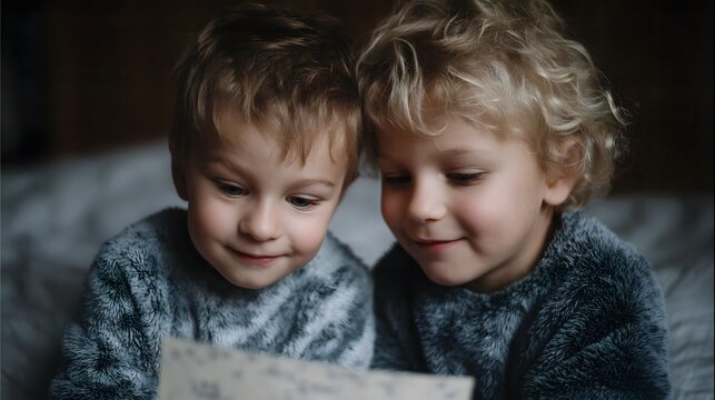 Two young brothers sharing a tender moment while reading a card their faces lit with curiosity and joy
