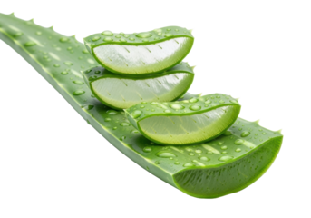 A single vibrant green aloe vera leaf with spiky edges, translucent cut slices revealing clear inner gel, and sparkling water droplets, isolated on white studio background with copy space for natural