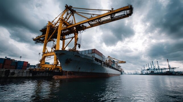 Massive gantry crane loads cargo onto a large container ship at a busy industrial port under an overcast sky