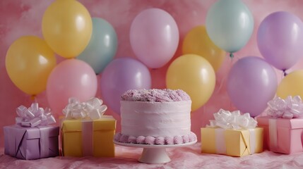 A festive birthday party setup with colorful balloons wrapped gifts and a decorated cake on a pink background
