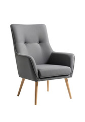 Modern grey armchair, textured fabric, high back, two decorative buttons, wooden tapered legs, against a transparent studio background with copy space. Concept of modern furniture and interior design
