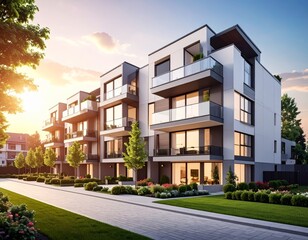 Obraz premium New modern block of flat, condo architecture. Residential apartment flat, luxury house complex. City real estate property