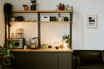 Modern kitchen counter featuring coffee machine, toaster oven, glass jars, fruit bowl, potted...