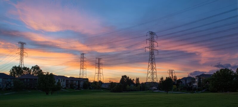Fototapeta The Transmission Towers Overlooking a Suburban Park at Colorful Sunset