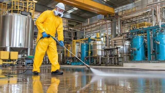 Worker in a yellow protective suit uses a high pressure washer to remove dirt from an industrial floor in a manufacturing plant