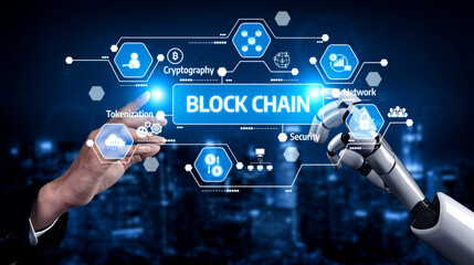 A human hand interacts with a robotic arm amidst a blockchain technology interface, symbolizing the fusion of human intelligence and digital innovation for future security. Tessel