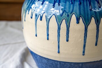 Closeup of a handmade ceramic vase with blue glaze dripping down