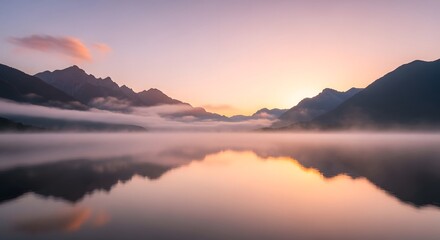 Fototapeta premium Misty mountain lake reflection at sunrise with pastel sky