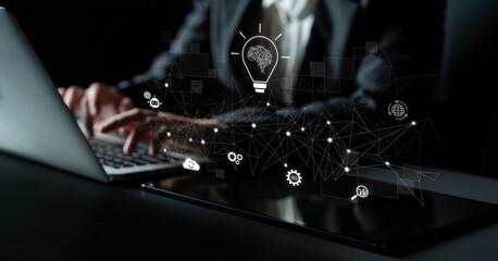 AI innovation with neural network and digital transformation. AI innovation drives automation,...