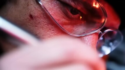 Intense close-up of a craftsman focused on intricate work in a red-lit environment