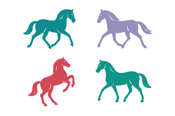 Four stylized horse silhouettes in various dynamic poses and colors