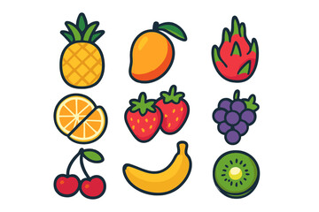 Collection of colorful tropical and common fruit icons in simple style