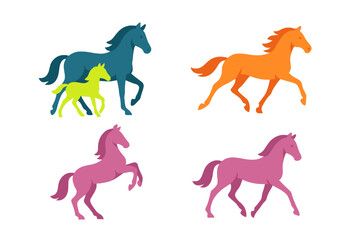 Stylized horses and foal silhouettes in vibrant solid colors