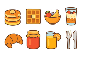 Collection of sweet breakfast food and beverage icons for morning meals