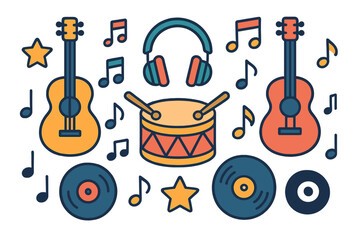 Set of acoustic guitars drum headphones and vinyl records icons