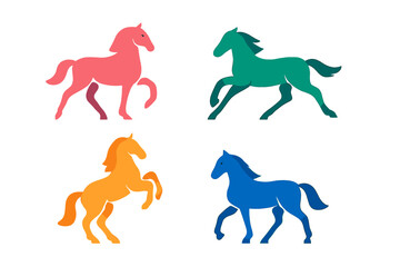 Four stylized horse silhouettes in vibrant colors showing dynamic poses