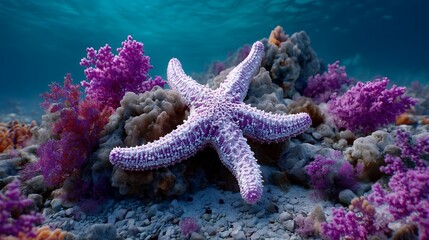 An oceanic starfish rests peacefully on a rocky reef bed, surrounded by vibrant marine life that adds color and depth to this tranquil underwater scene.