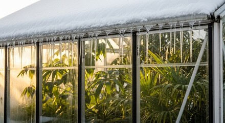 Frosty greenhouse roof covered with snow tropical plants growing inside — contrast of winter exterior and warm interior