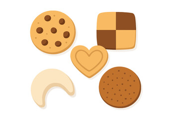 Five assorted sweet baked cookies and biscuits in various shapes