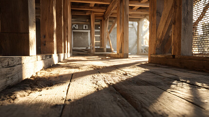Unfinished basement subfloor with wooden frame and metal mesh, low lit utility space with exposed joist and concrete floor, quiet construction