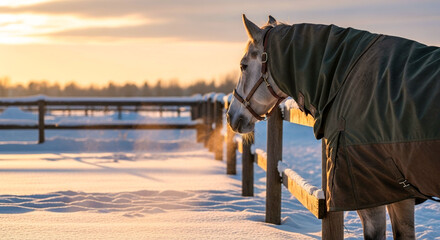 Horse with winter blanket near wooden fence in snowy paddock rural winter scene — animal care and countryside life
