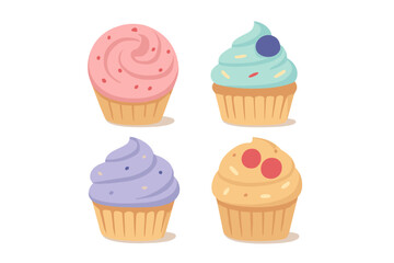 Four colorful frosted cupcakes with assorted toppings